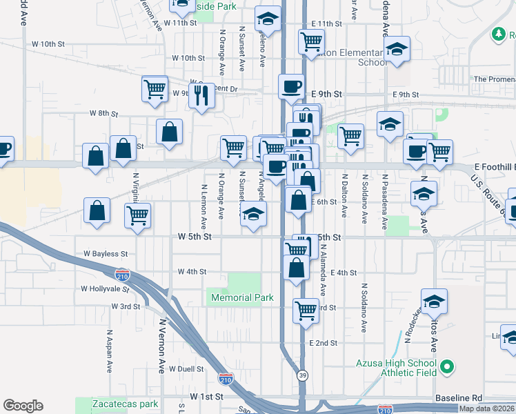 map of restaurants, bars, coffee shops, grocery stores, and more near 531 North Angeleno Avenue in Azusa