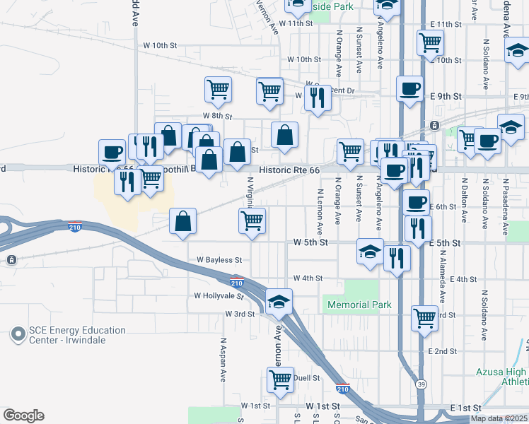 map of restaurants, bars, coffee shops, grocery stores, and more near 528 North Barbara Avenue in Azusa