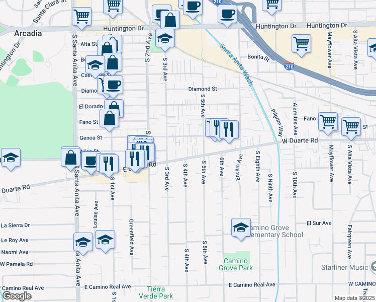 map of restaurants, bars, coffee shops, grocery stores, and more near 407 East Duarte Road in Arcadia