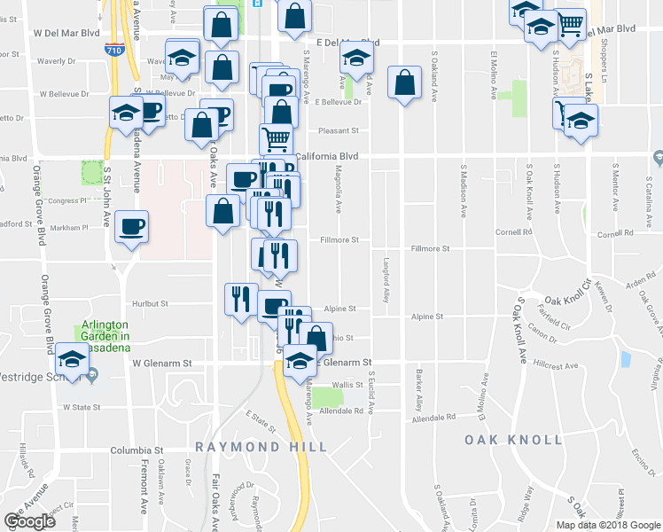 map of restaurants, bars, coffee shops, grocery stores, and more near 851 Magnolia Avenue in Pasadena