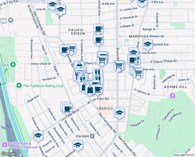 map of restaurants, bars, coffee shops, grocery stores, and more near 313 Magnolia Avenue in Glendale