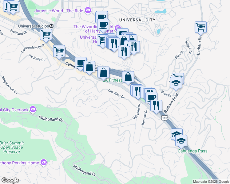 map of restaurants, bars, coffee shops, grocery stores, and more near 3400 Oak Glen Drive in Los Angeles