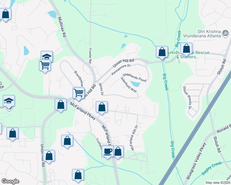 map of restaurants, bars, coffee shops, grocery stores, and more near 5850 Rives Drive in Alpharetta
