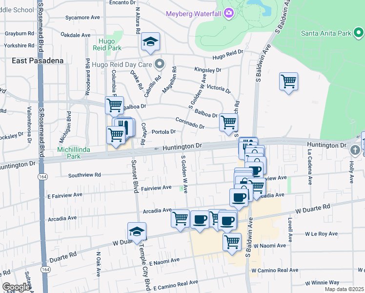 map of restaurants, bars, coffee shops, grocery stores, and more near W Huntington Dr & Golden W Ave in Arcadia