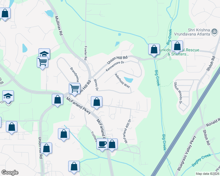 map of restaurants, bars, coffee shops, grocery stores, and more near 5845 Rives Dr in Alpharetta