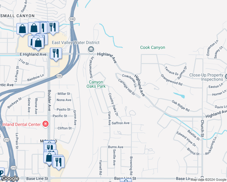 map of restaurants, bars, coffee shops, grocery stores, and more near 6749 Country Oaks Drive in Highland