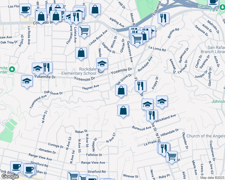 map of restaurants, bars, coffee shops, grocery stores, and more near 1184 Oak Grove Drive in Los Angeles