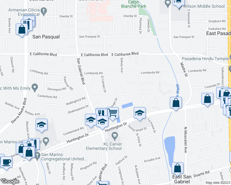 map of restaurants, bars, coffee shops, grocery stores, and more near 931 Gainsborough Drive in Pasadena