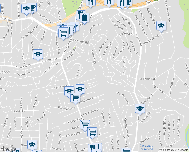 map of restaurants, bars, coffee shops, grocery stores, and more near 6267 Tipton Way in Los Angeles
