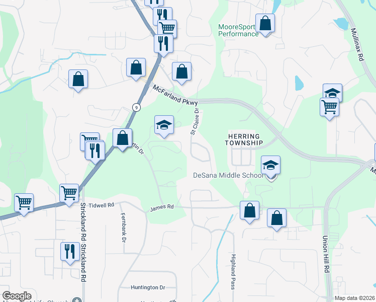 map of restaurants, bars, coffee shops, grocery stores, and more near 364 Saint Claire Drive in Alpharetta