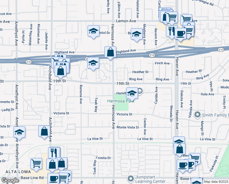 map of restaurants, bars, coffee shops, grocery stores, and more near 6787 Hermosa Avenue in Rancho Cucamonga