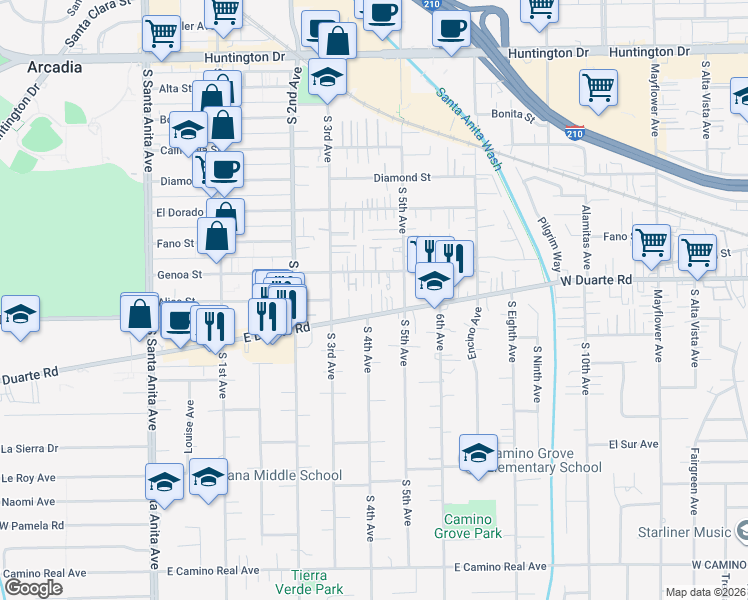 map of restaurants, bars, coffee shops, grocery stores, and more near 407 East Duarte Road in Arcadia