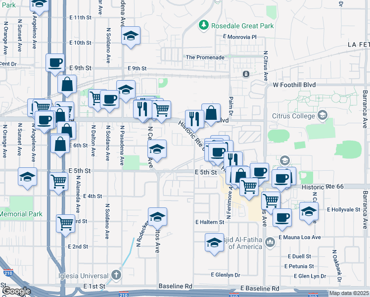 map of restaurants, bars, coffee shops, grocery stores, and more near 660 East 6th Street in Azusa