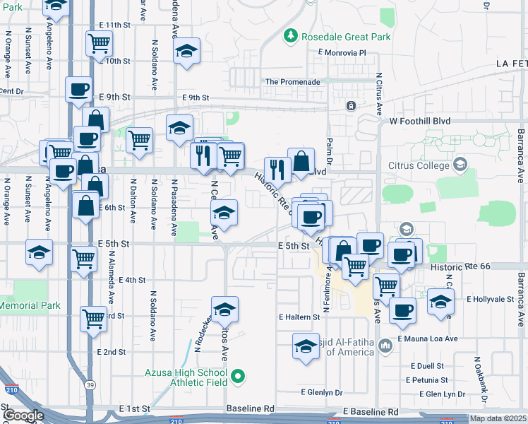 map of restaurants, bars, coffee shops, grocery stores, and more near 660 East 6th Street in Azusa