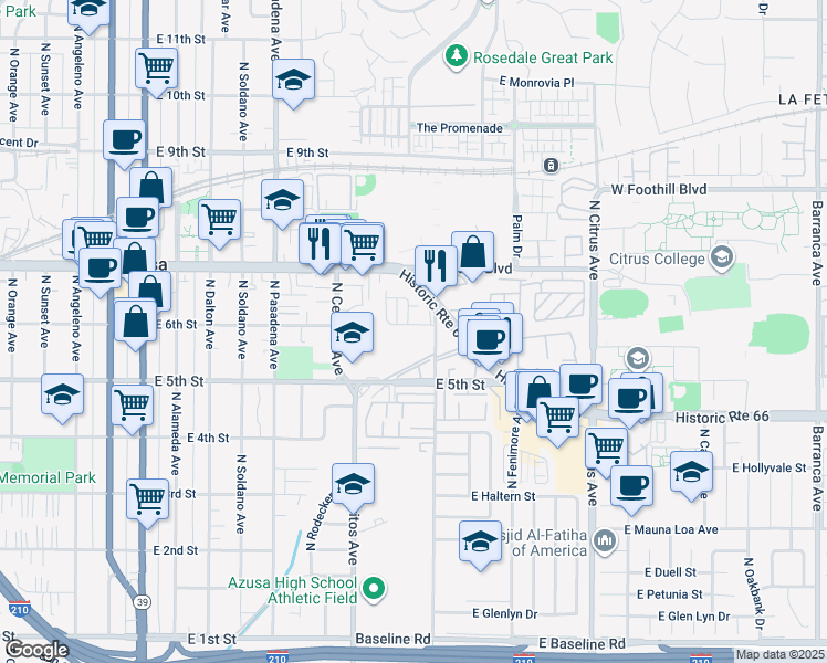 map of restaurants, bars, coffee shops, grocery stores, and more near 660 East 6th Street in Azusa