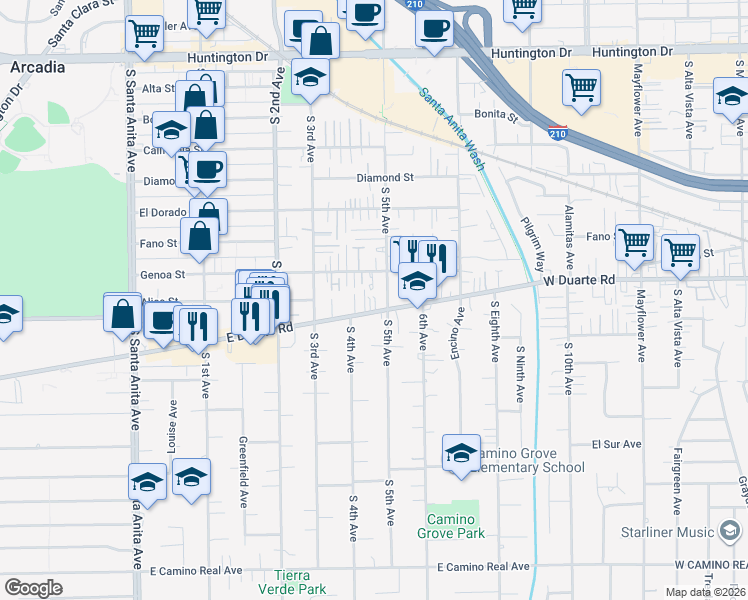 map of restaurants, bars, coffee shops, grocery stores, and more near 423 East Duarte Road in Arcadia