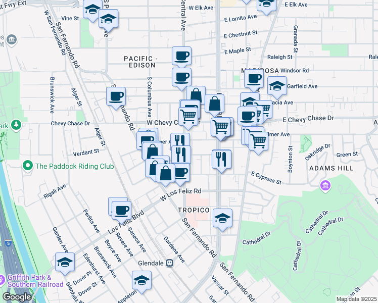 map of restaurants, bars, coffee shops, grocery stores, and more near 210 Magnolia Avenue in Glendale