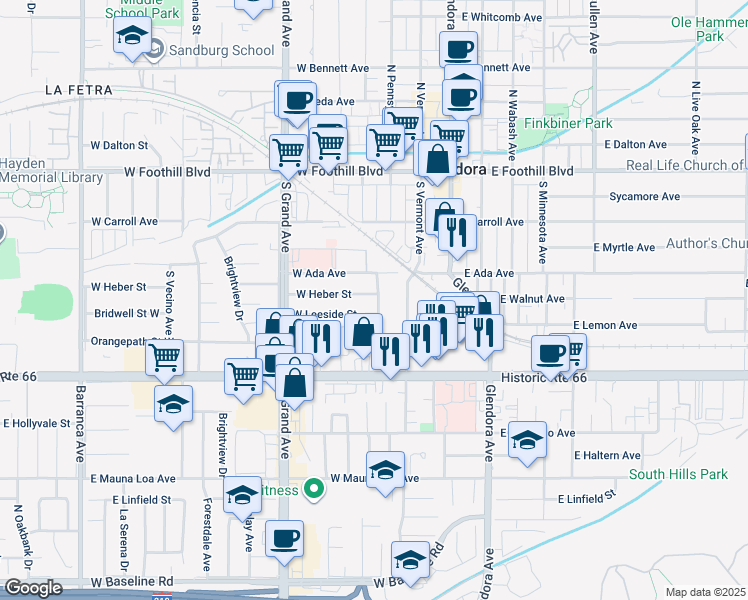 map of restaurants, bars, coffee shops, grocery stores, and more near 340 West Heber Street in Glendora
