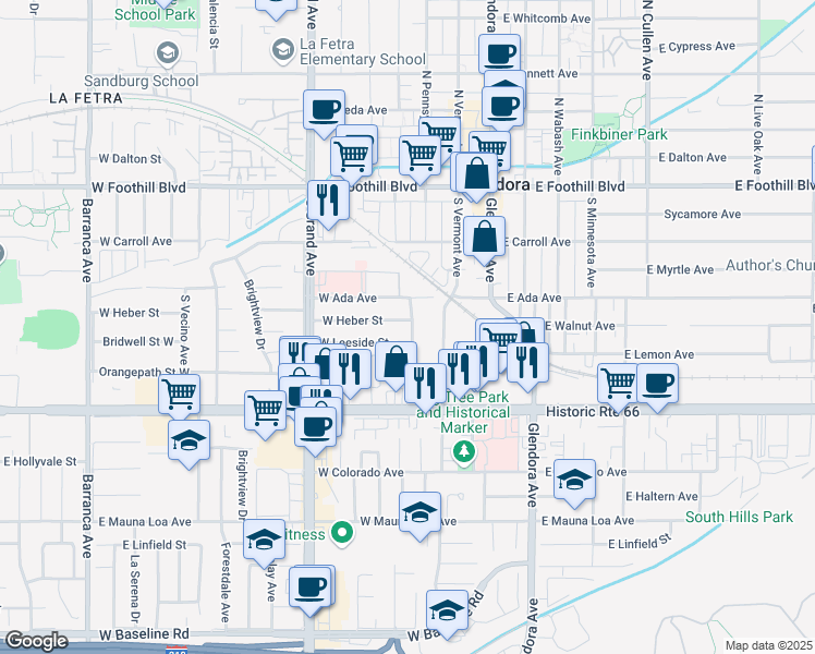 map of restaurants, bars, coffee shops, grocery stores, and more near 340 West Heber Street in Glendora