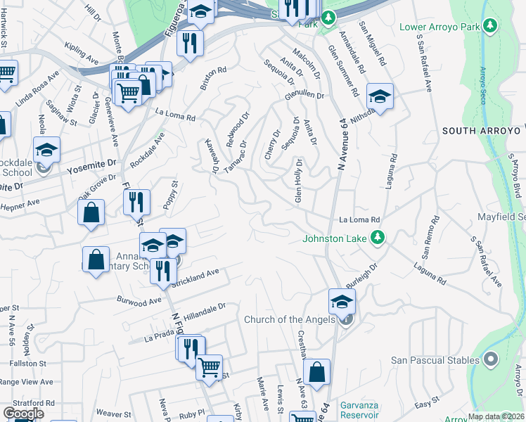 map of restaurants, bars, coffee shops, grocery stores, and more near 1590 Pleasant Way in Pasadena