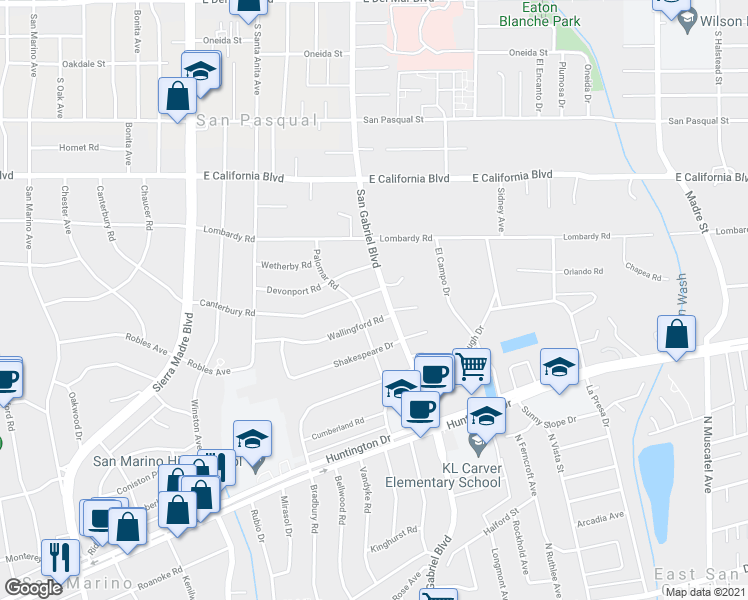 map of restaurants, bars, coffee shops, grocery stores, and more near 2910 Canterbury Road in San Marino