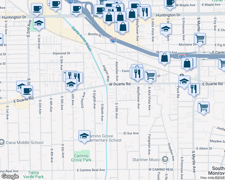 map of restaurants, bars, coffee shops, grocery stores, and more near 630 West Duarte Road in Monrovia