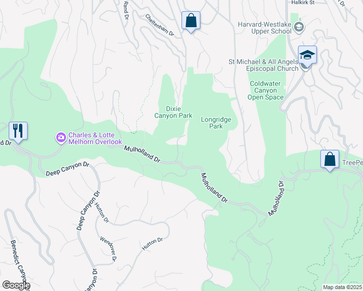map of restaurants, bars, coffee shops, grocery stores, and more near 13319 Mulholland Drive in Beverly Hills
