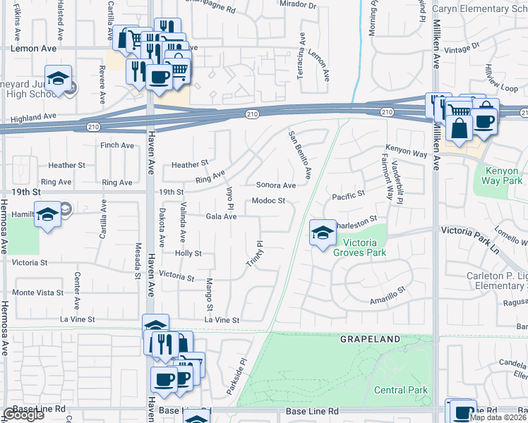 map of restaurants, bars, coffee shops, grocery stores, and more near 10841 Gala Avenue in Rancho Cucamonga