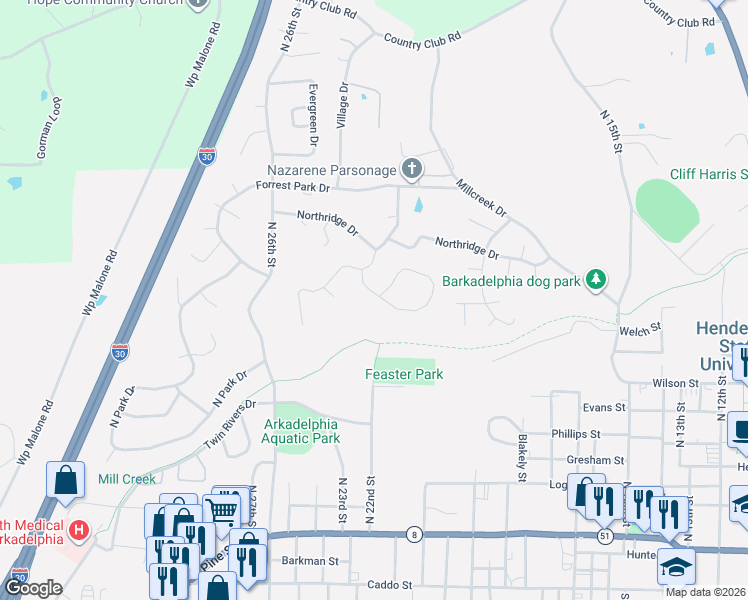 map of restaurants, bars, coffee shops, grocery stores, and more near 7 Timber Ridge Circle in Arkadelphia