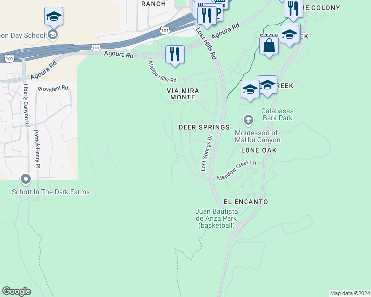 map of restaurants, bars, coffee shops, grocery stores, and more near 3912 Lost Springs Drive in Agoura Hills