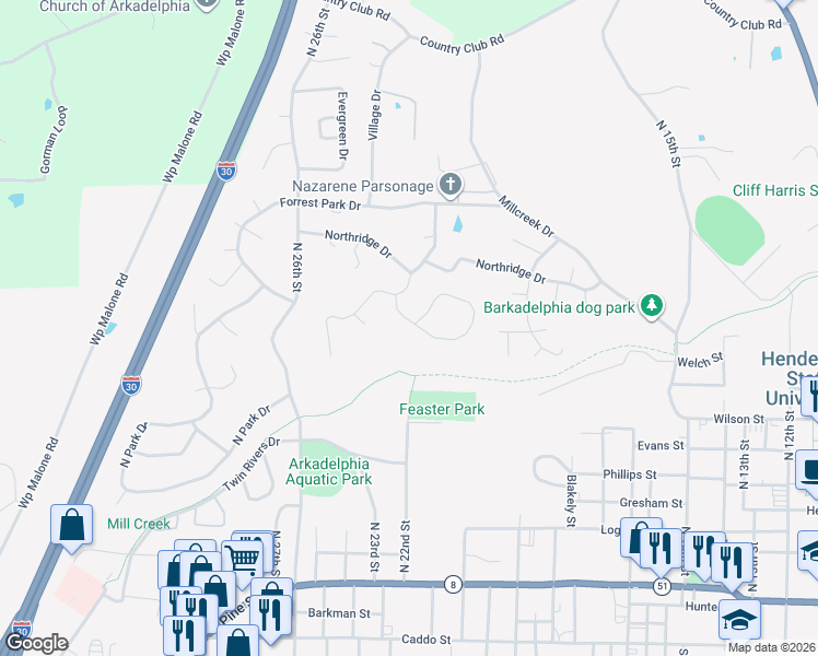 map of restaurants, bars, coffee shops, grocery stores, and more near 7 Timber Ridge Circle in Arkadelphia