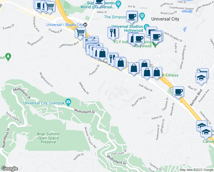 map of restaurants, bars, coffee shops, grocery stores, and more near 3780 Multiview Drive in Los Angeles