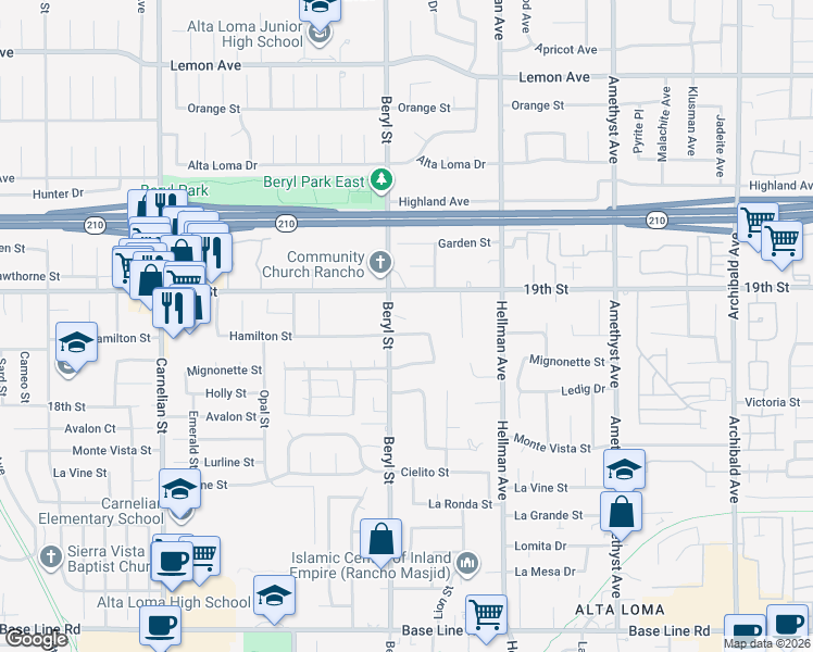 map of restaurants, bars, coffee shops, grocery stores, and more near 9151 Hamilton Street in Rancho Cucamonga