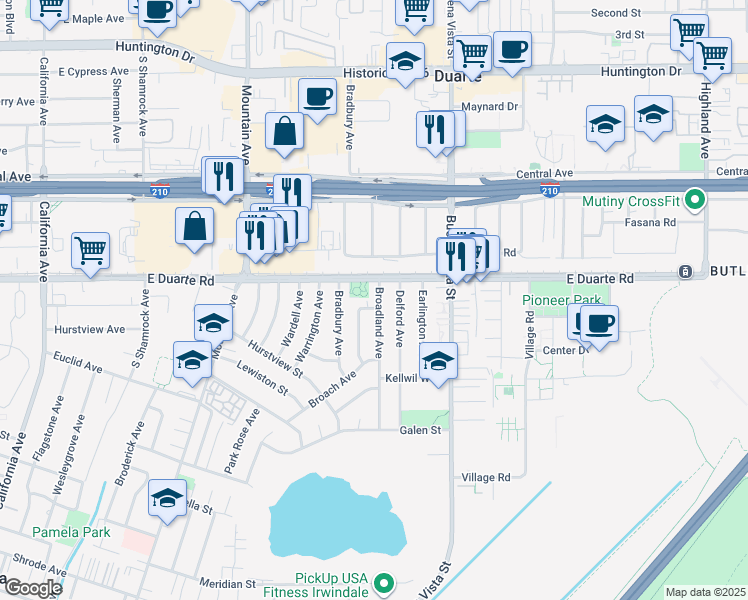 map of restaurants, bars, coffee shops, grocery stores, and more near 1823 Broadland Avenue in Duarte