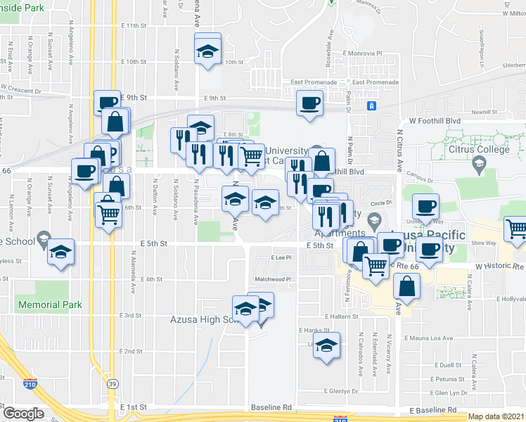 map of restaurants, bars, coffee shops, grocery stores, and more near 600 East 6th Street in Azusa