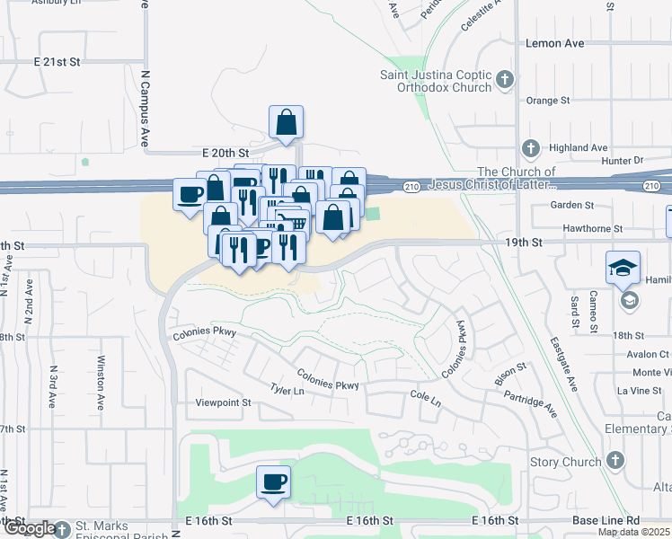 map of restaurants, bars, coffee shops, grocery stores, and more near 1316 East 19th Street in Upland