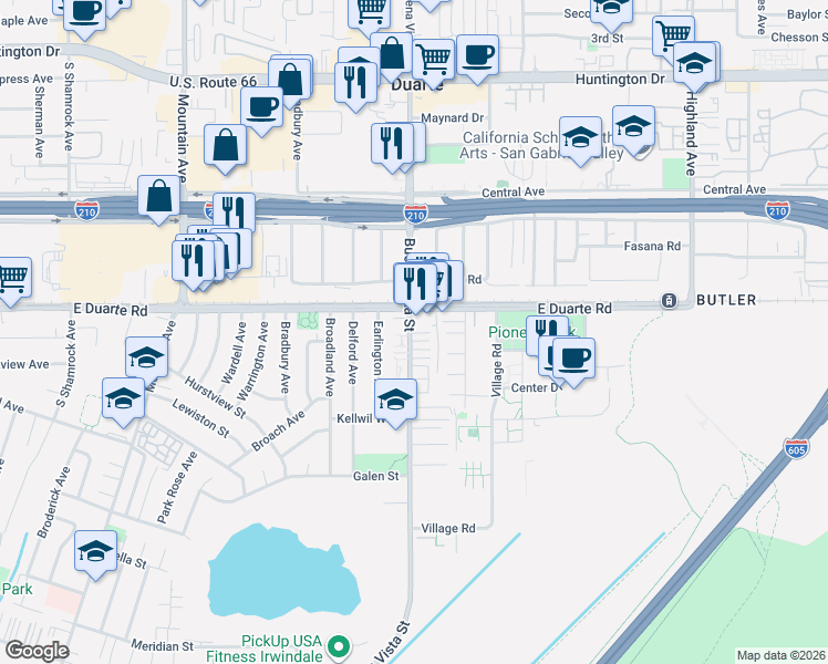 map of restaurants, bars, coffee shops, grocery stores, and more near 1850 Buena Vista Street in Duarte