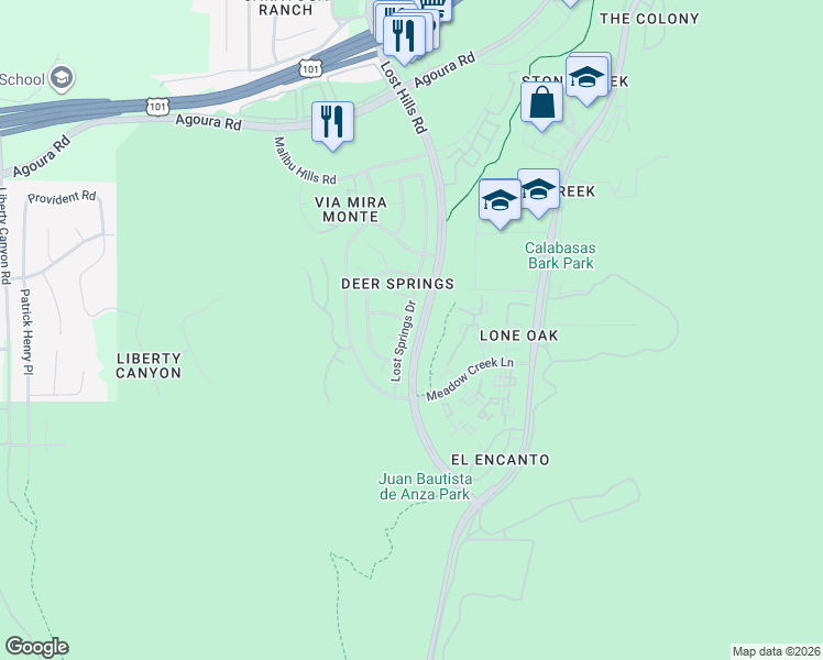 map of restaurants, bars, coffee shops, grocery stores, and more near 3912 Lost Springs Drive in Agoura Hills