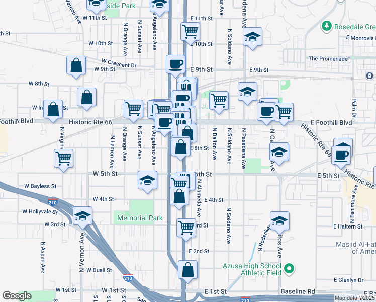 map of restaurants, bars, coffee shops, grocery stores, and more near 532 North Azusa Avenue in Azusa