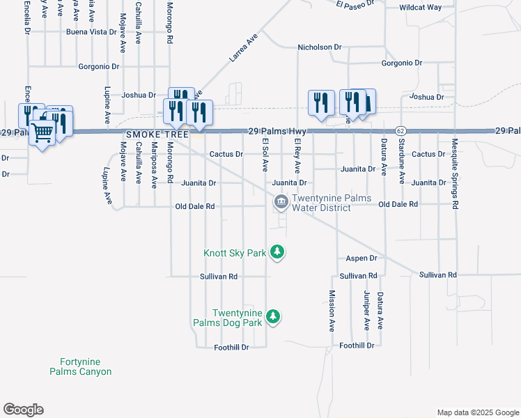 map of restaurants, bars, coffee shops, grocery stores, and more near 6732 El Sol Avenue in Twentynine Palms