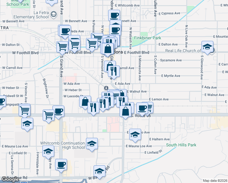 map of restaurants, bars, coffee shops, grocery stores, and more near in Glendora