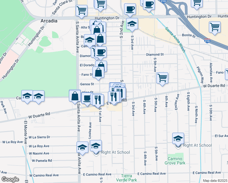 map of restaurants, bars, coffee shops, grocery stores, and more near 158A Alice Street in Arcadia