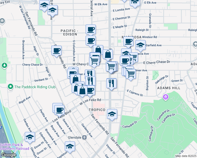 map of restaurants, bars, coffee shops, grocery stores, and more near 210 Magnolia Avenue in Glendale