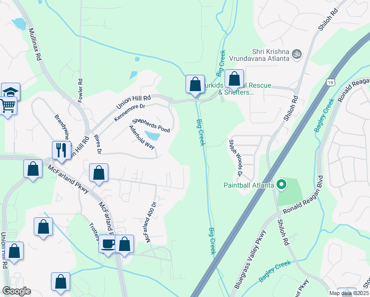 map of restaurants, bars, coffee shops, grocery stores, and more near 6035 Rives Drive in Alpharetta