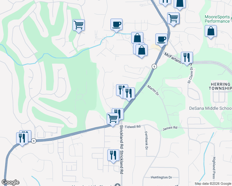 map of restaurants, bars, coffee shops, grocery stores, and more near 6650 Tulip Garden Way in Alpharetta