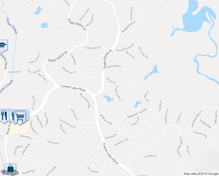 map of restaurants, bars, coffee shops, grocery stores, and more near 106 Ryder Court in Woodstock