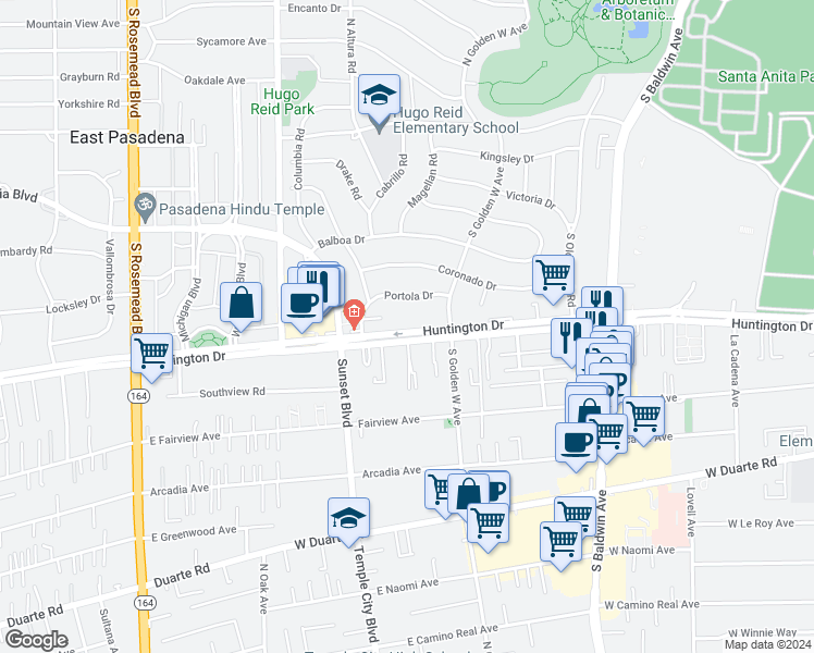map of restaurants, bars, coffee shops, grocery stores, and more near 941 Huntington Drive in Arcadia