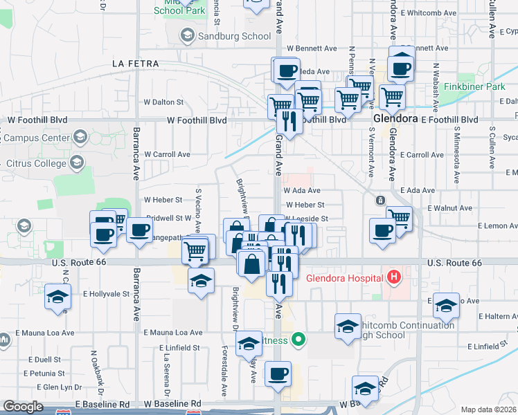 map of restaurants, bars, coffee shops, grocery stores, and more near 629 West Leeside Street in Glendora