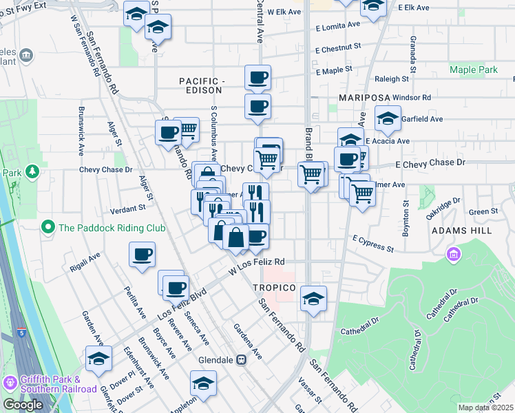 map of restaurants, bars, coffee shops, grocery stores, and more near 313 Magnolia Avenue in Glendale
