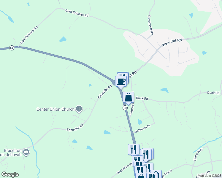 map of restaurants, bars, coffee shops, grocery stores, and more near 6647 Highway 53 in Braselton